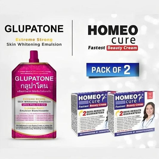 Pack Of 2 Glupatone Extreme Strong Skin Whitening Emulsion Ultra Plus Gs-120 + Homeo Cure Beauty Cream