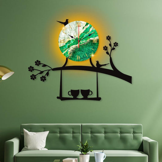 Bird On Tree With Coffee Cup Wooden Wall Clock For Home And Offices